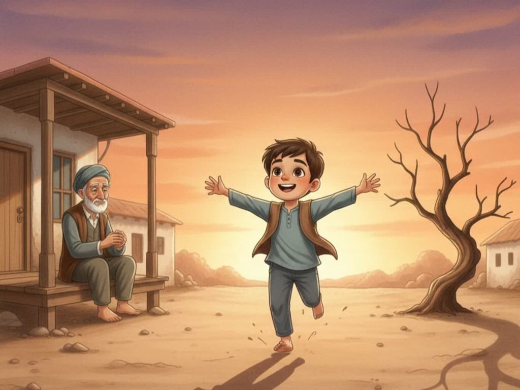 کیان پس از خوشحالی از آشنایی با بذر تکاور با شادی در حیاط می دود و باباسهراب به او نگاه میکند.