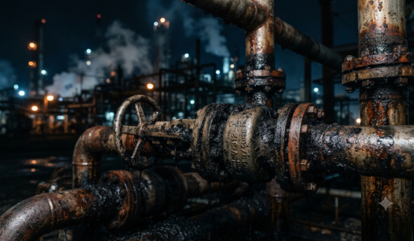 Industrial cleaner removing heavy oil and grease from refinery equipment