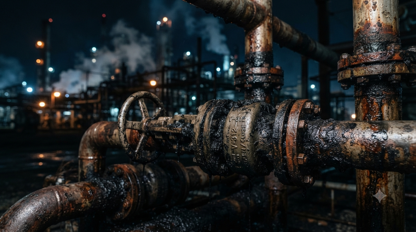 Industrial cleaner removing heavy oil and grease from refinery equipment